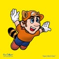 A self potrait of Nick Volkert flying in the sky as Super Mario, against a yellow background.