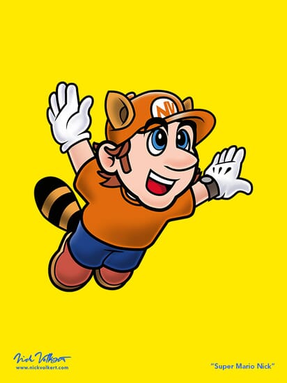 A self potrait of Nick Volkert flying in the sky as Super Mario, against a yellow background.