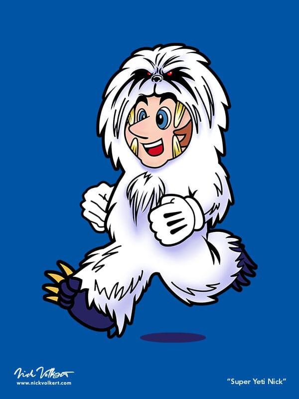 A self portrait of Nick Volkert in a Yeti Suit as an homage to Super Mario 3.