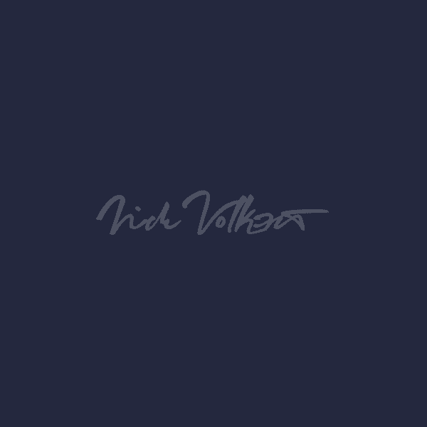 Script logo for nickvolkert.com in white on a light navy blue background