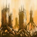 Album Art of Audioshock's 'Closure' EP. Features a large robotic skyscrapers in a dystopian orange sky.