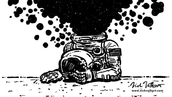 A headless astronaut has a galaxy of stars and the void of space emptying out of his suit is this animation sketch!