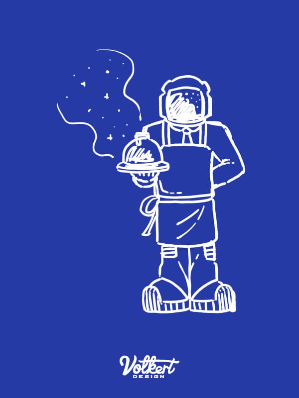 A humble server that's also an astronaut holds a covered dish.