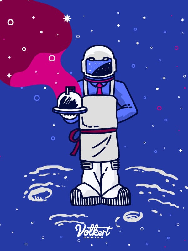 A server is holding a dish dressed as an astronaut, the dish is flowing with stars and the colors of the cosmos!