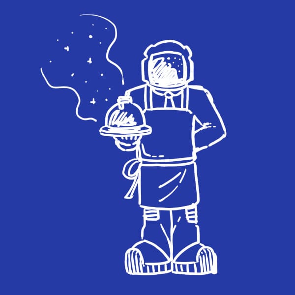 A humble server that's also an astronaut holds a covered dish.