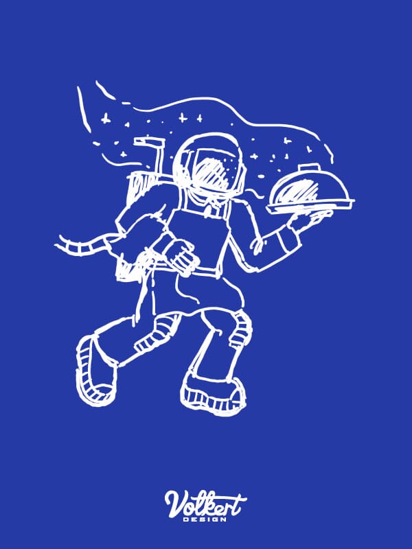 An astronaut dressed as a server floats through space with a covered plat of food.