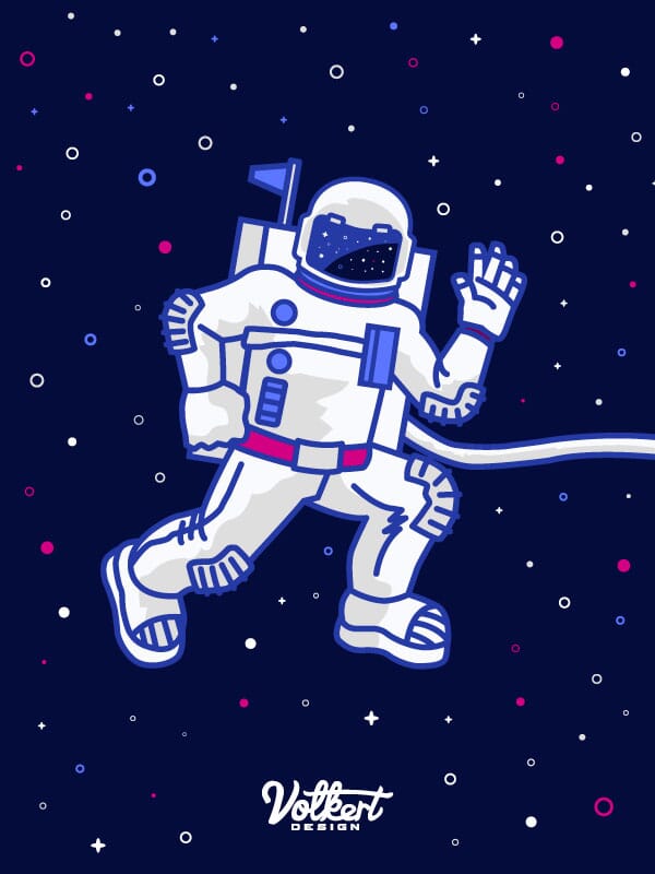 A fully vectorized astronaut floating in space, waving at the viewer.