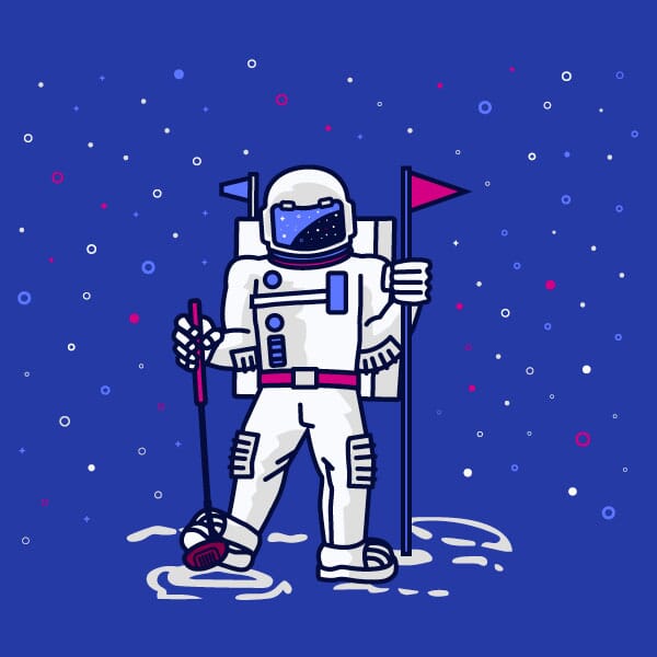 A finalized vector version of an astronaut holding a golf flag while golfing in outer space.
