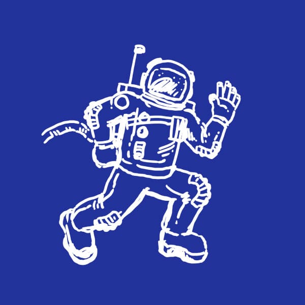 A rough sketch of a waving astronaut floating in space.