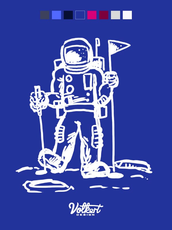 A rough sketch of an astronaut holding a flag by a hole at a golf match in outer space.