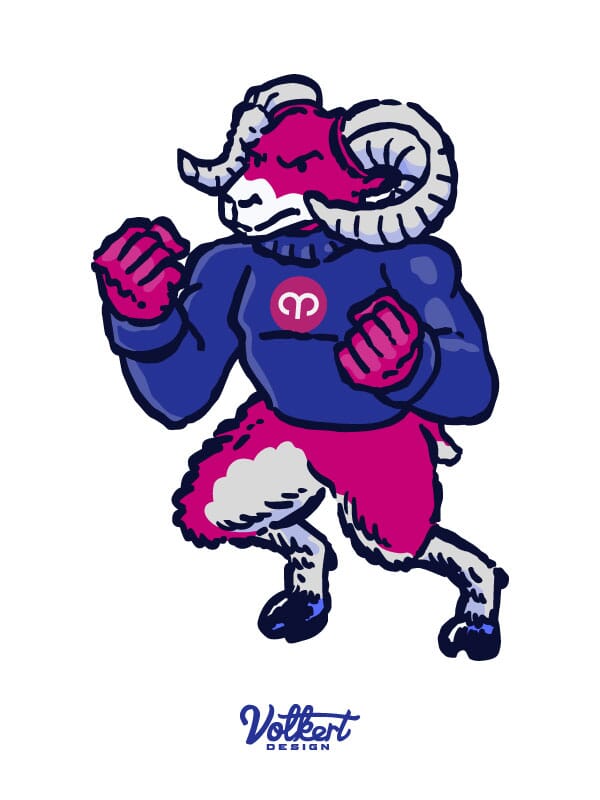 A ram mascot in Aries Solutions brand colors looks pretty serious!
