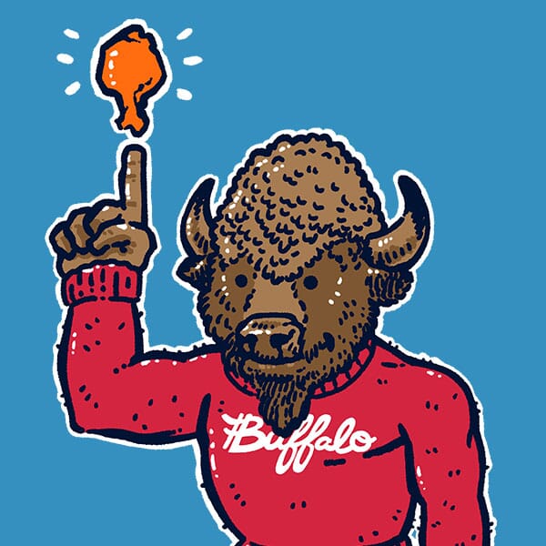 A hearty buffalo stands wearing a red sweater with Buffalo in a script and points to a saucy chicken wing in orbit above its pointing finger.