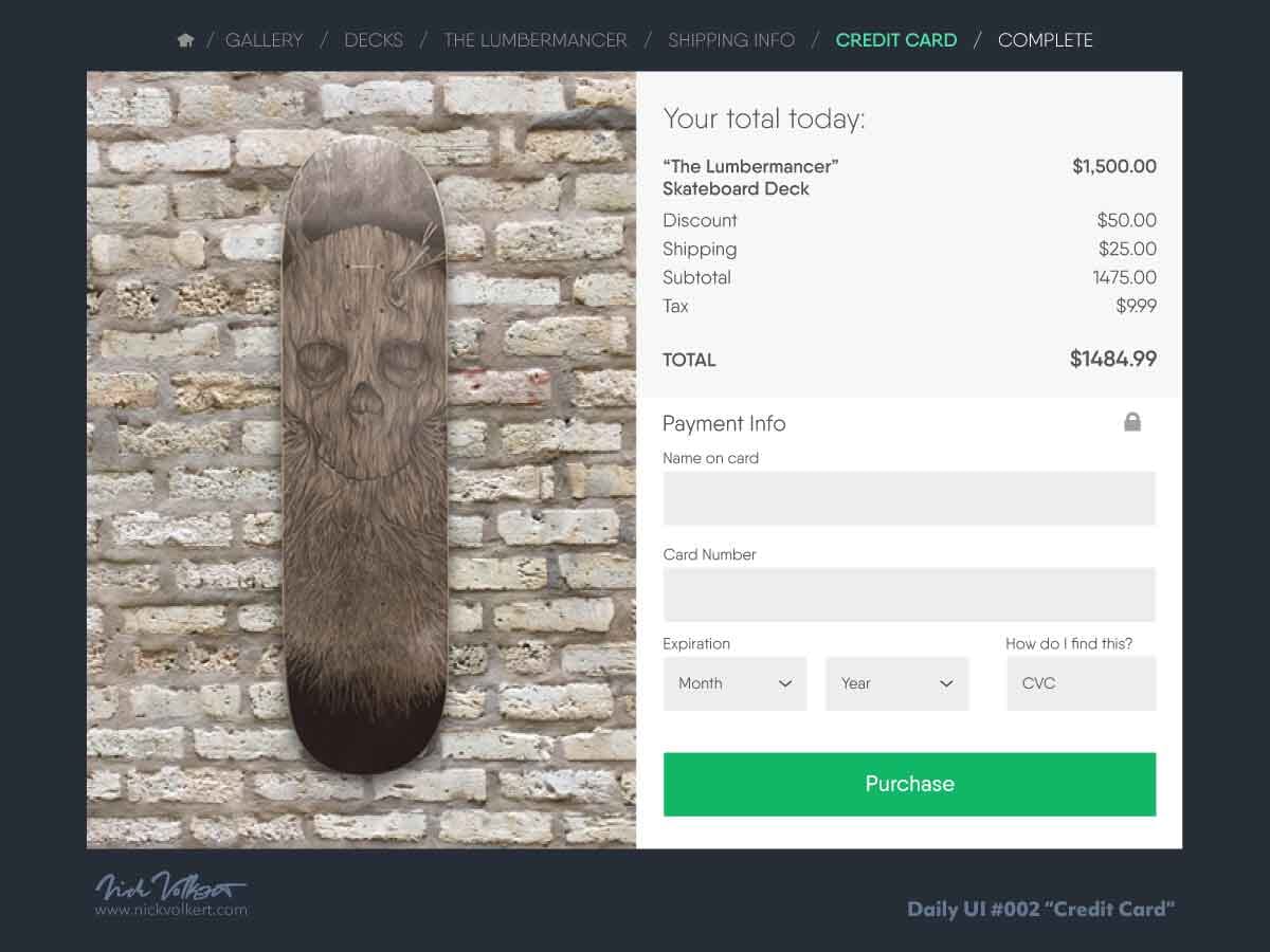 An ecommerce checkout experience featuring a spooky hand-drawn skateboard for sale!