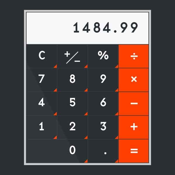 A user interface design of a simple calculator with orange action buttons on the right of the button grid.