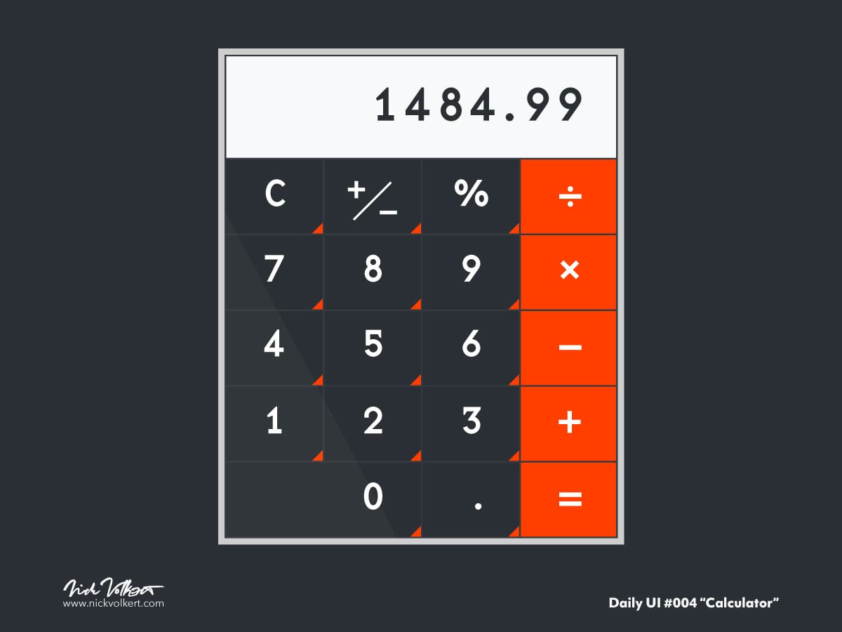 A user interface design of a simple calculator with orange action buttons on the right of the button grid.