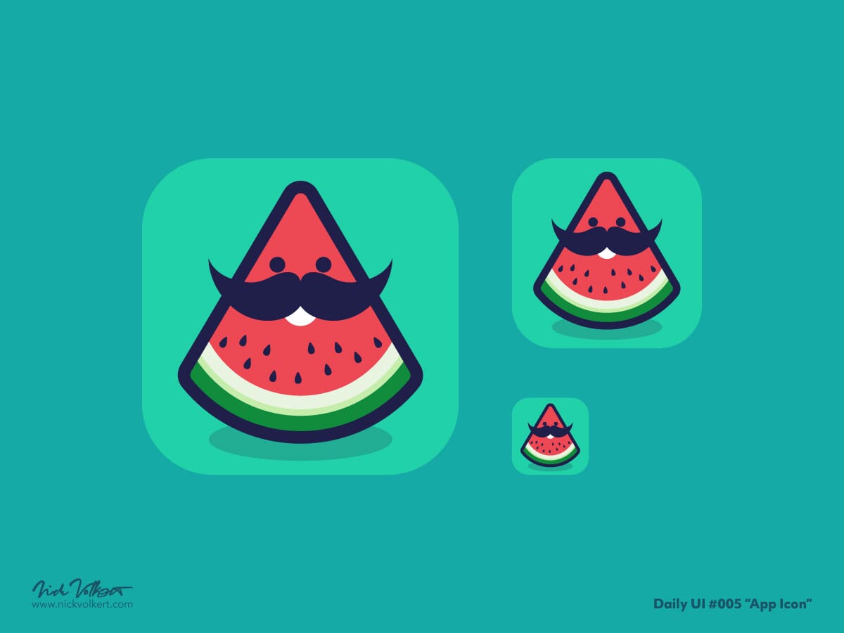 A happy watermelon sports a hearty mustache for this app icon design for Daily UI.