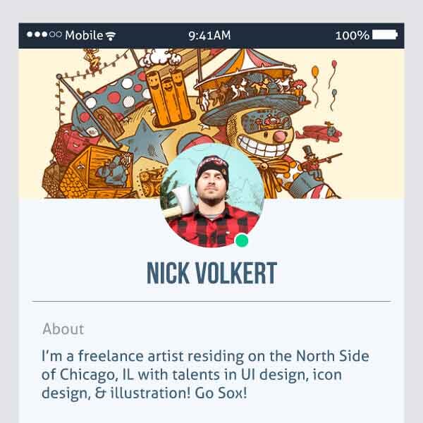 A user profile mockup for a creative social media site with the profile information of Chicagoland artist Nick Volkert.