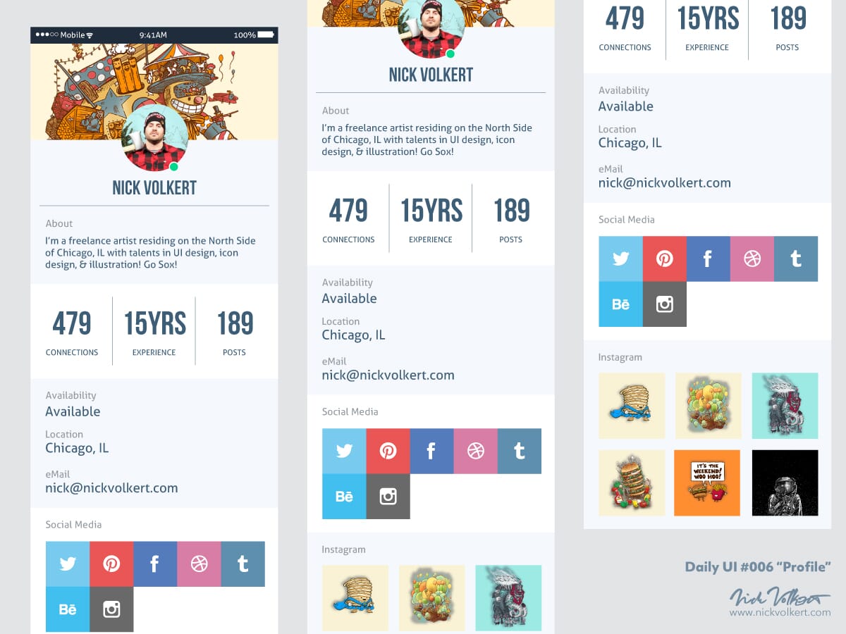 A user profile mockup for a creative social media site with the profile information of Chicagoland artist Nick Volkert.