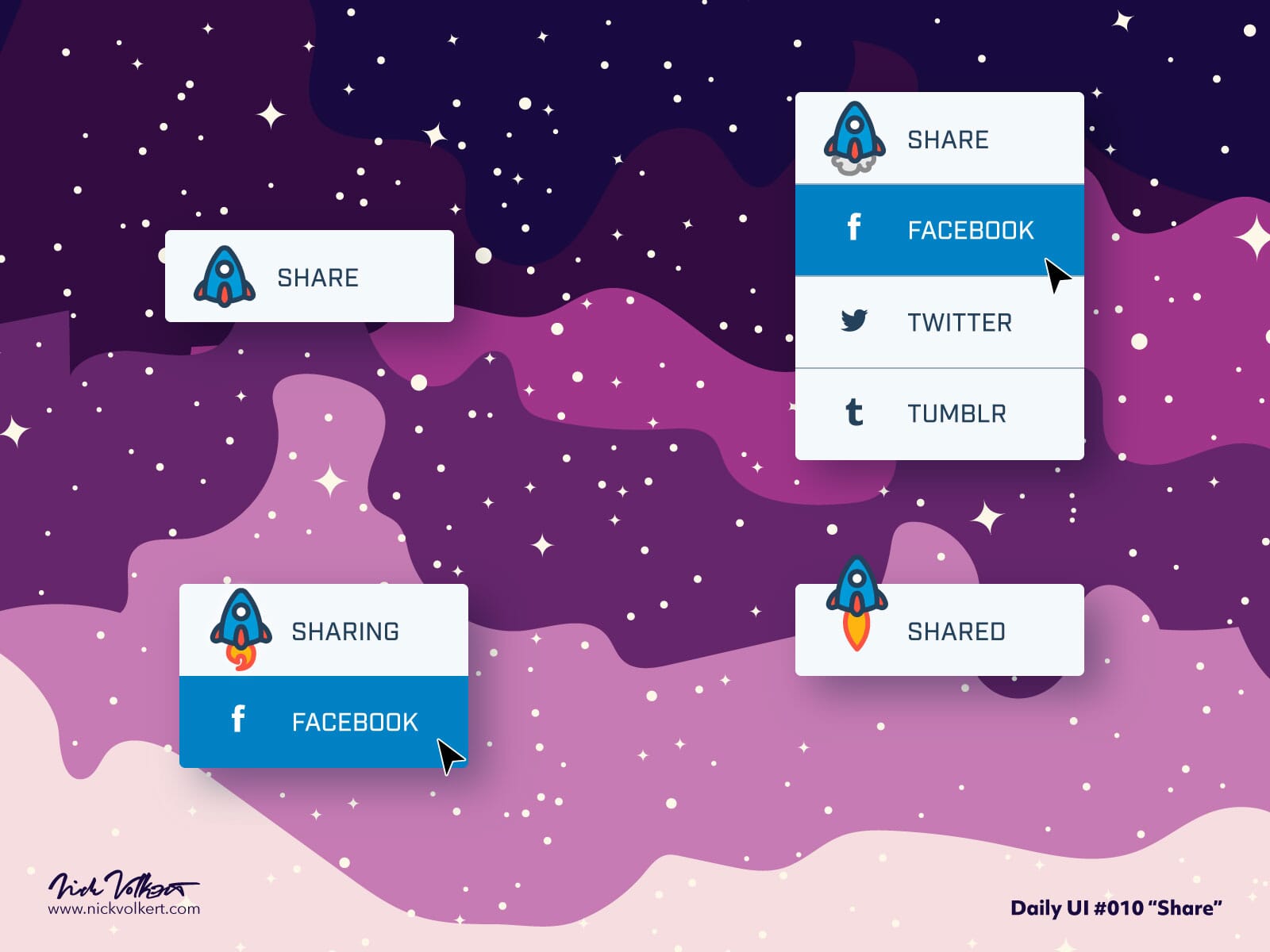 A stative rocket showing the process of sharing a link on social media for the DailyUI challenge.,An exploration for little share rockets that are stative depending on the status of the link being shared.