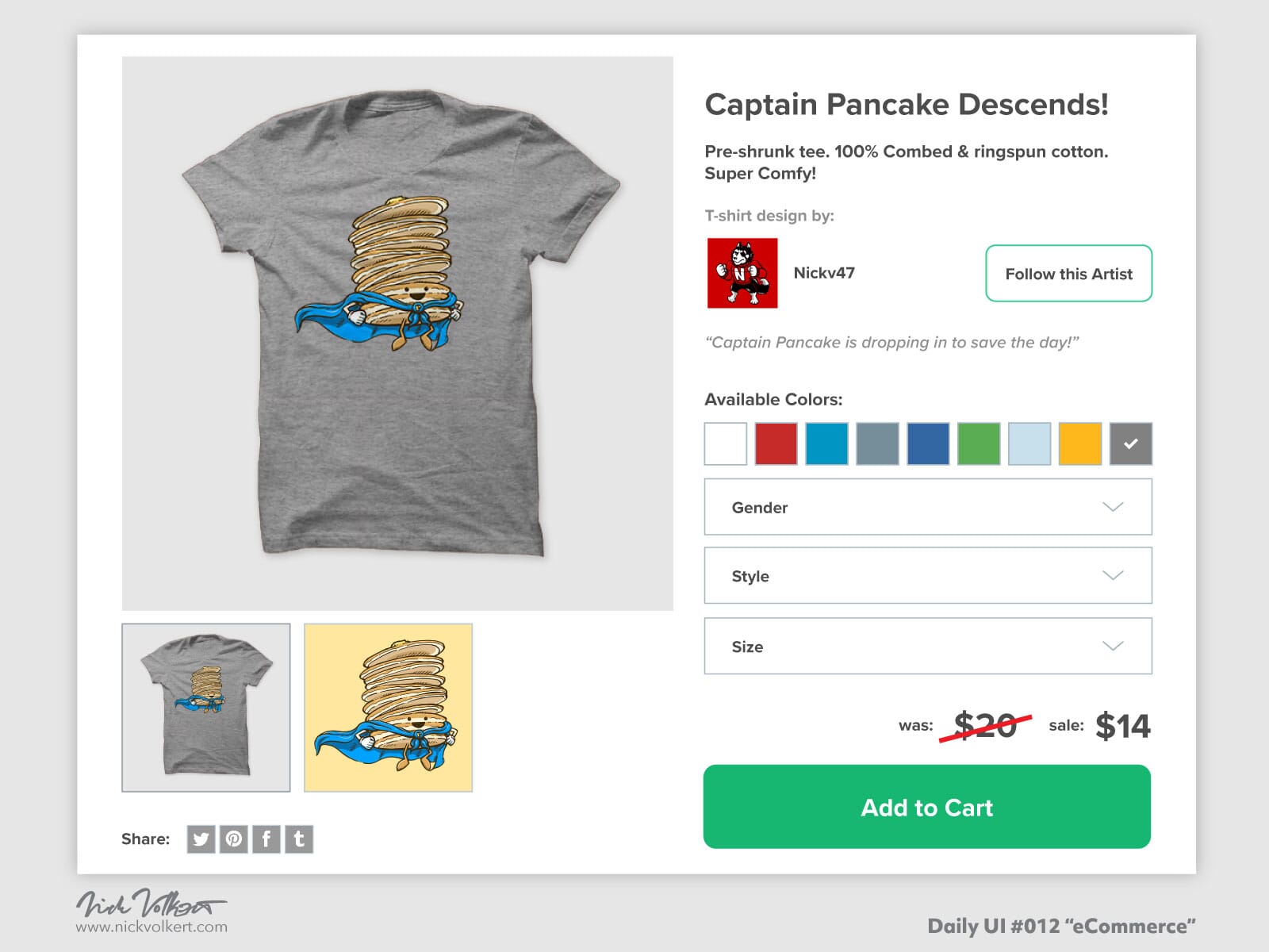 A simple product card for the ecommerce challenge for the DailyUI interface design challenge.