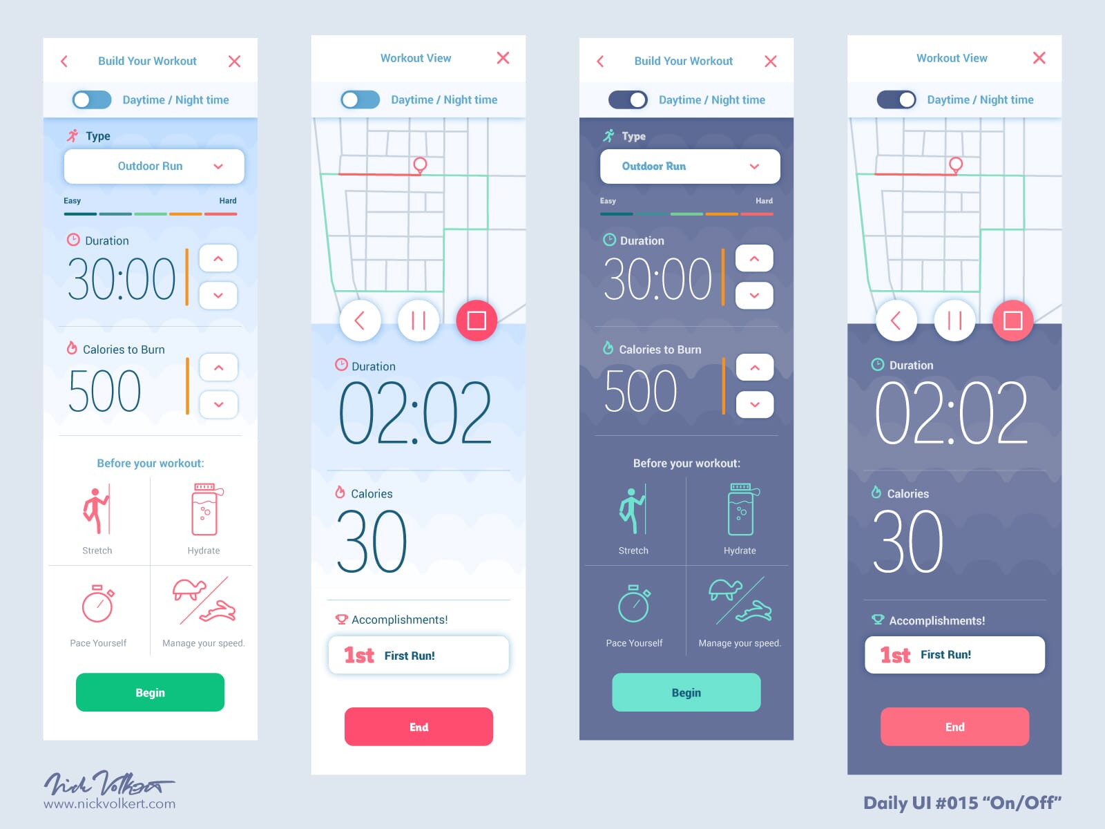 An app design concept for tracking daytime and nighttime runs.