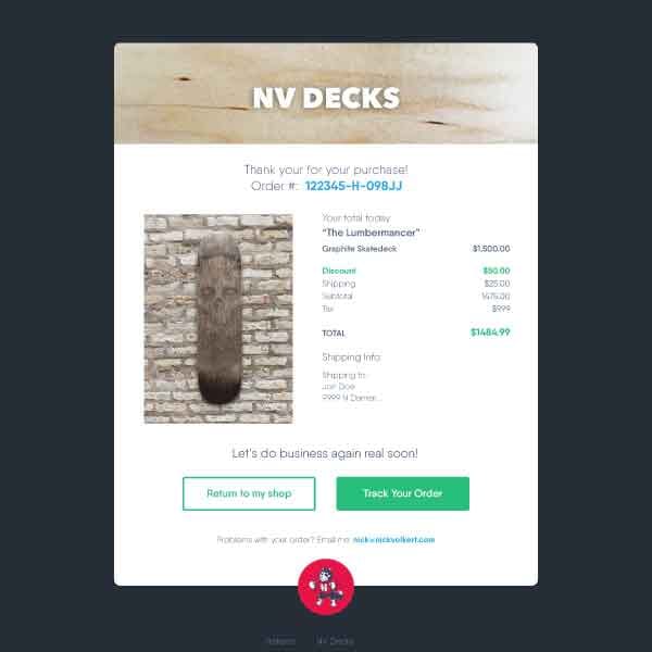 A mockup for a fake ecommerce shop called NV DECKS with a sample receipt email design.