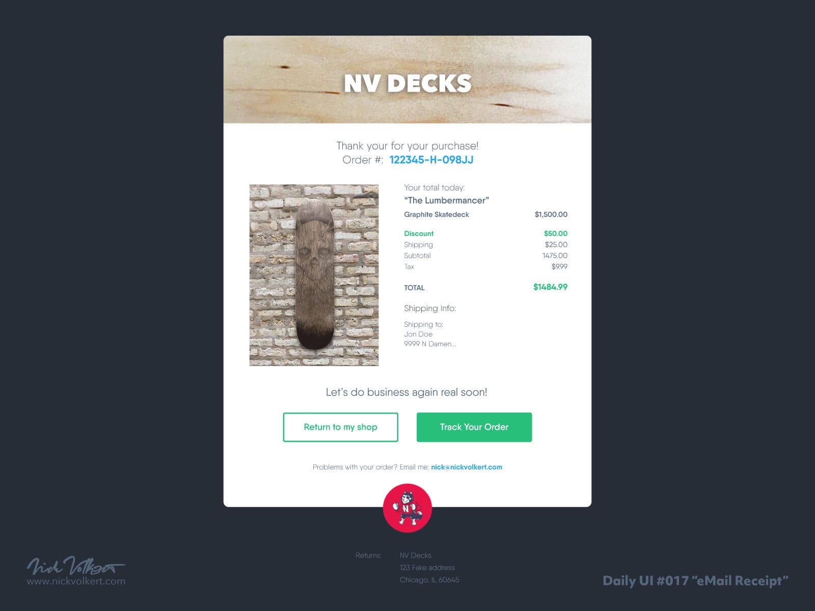 A mockup for a fake ecommerce shop called NV DECKS with a sample receipt email design.