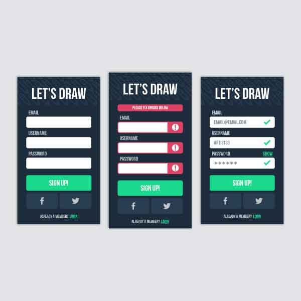 A user interface design for a case study on a website for users to showcase their drawing skills, with all of the inputs states.,Exploration of the background pattern and pencil illustration for a study on a login page