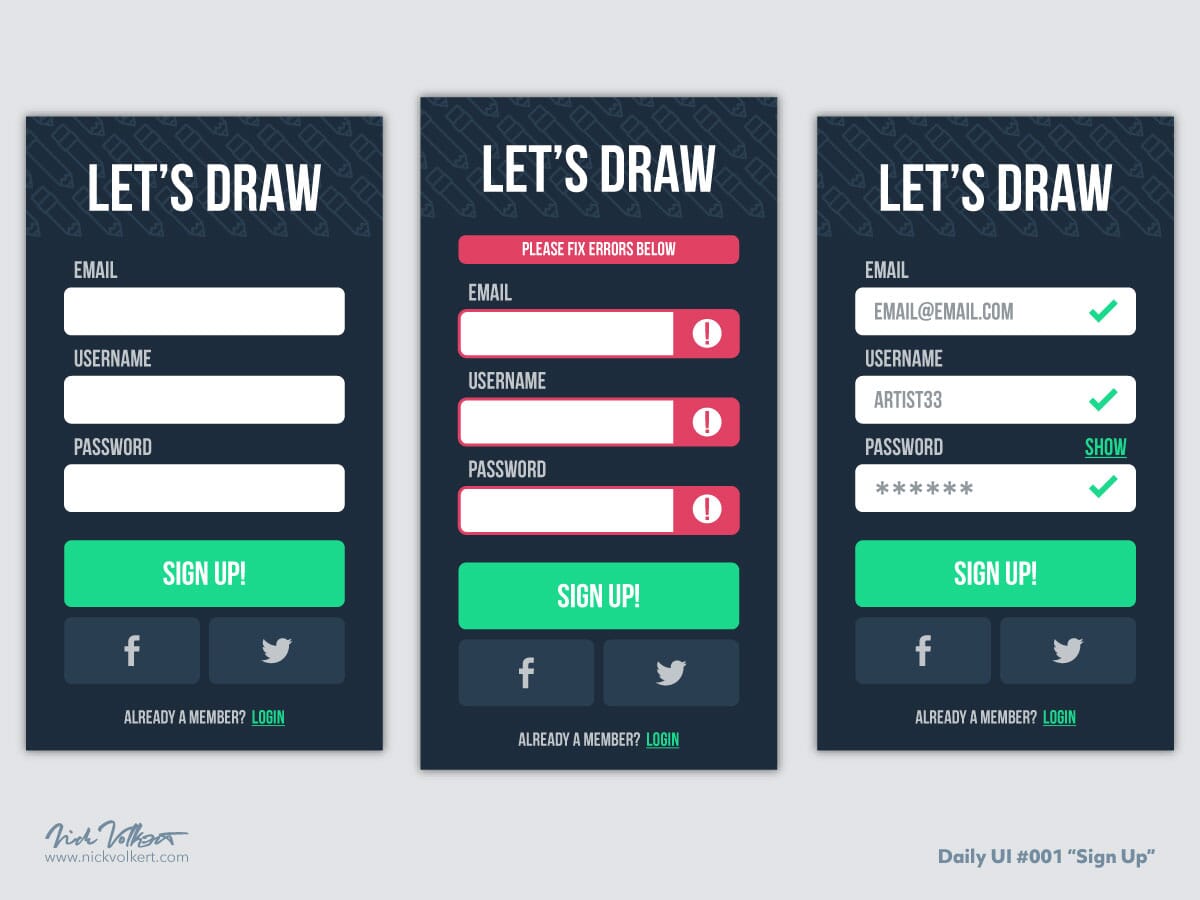 A user interface design for a case study on a website for users to showcase their drawing skills, with all of the inputs states.,Exploration of the background pattern and pencil illustration for a study on a login page