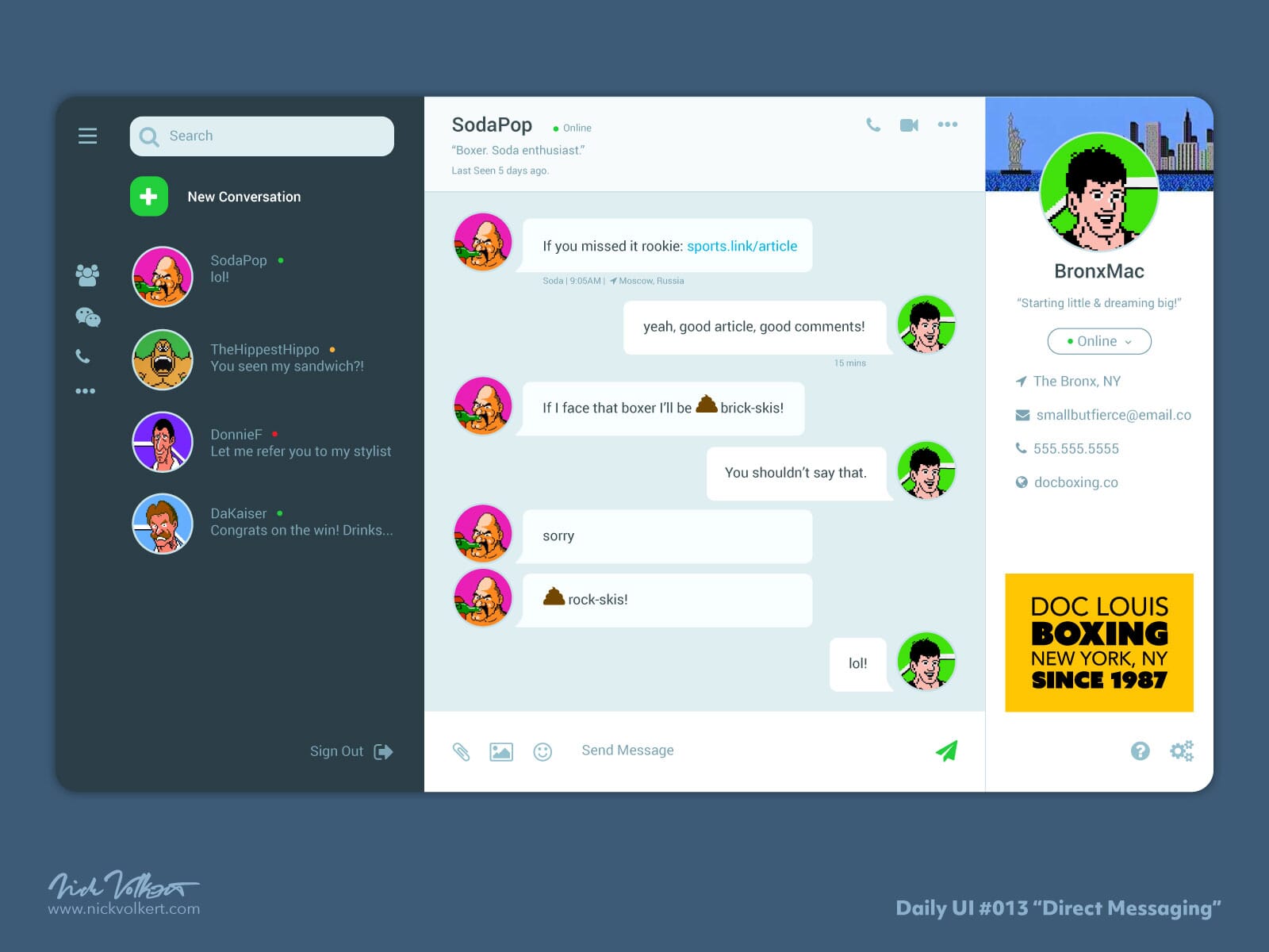 An interface for a simple messaging app featuring a chat between some memorable characters from PUNCH OUT!