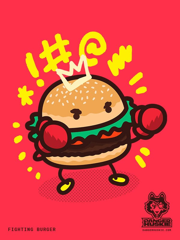 A burger with boxing gloves has his dukes up.