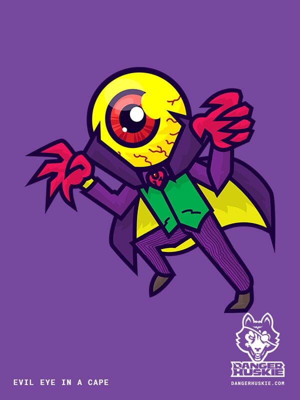 A figure in a cape with a head that is a giant Evil Eye lunges at the viewer.