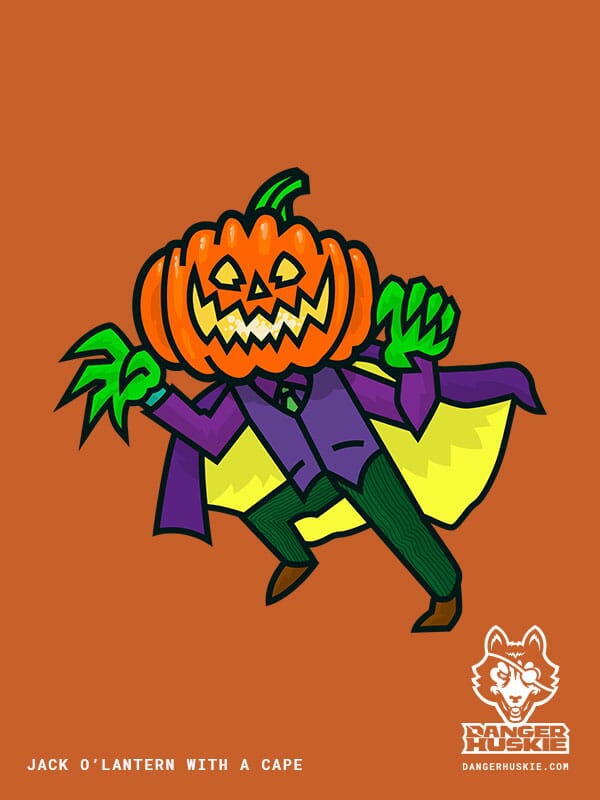A spooky and sinister man with a Jack O'Lantern head lunges by in a three-piece suit and a dashing cape!