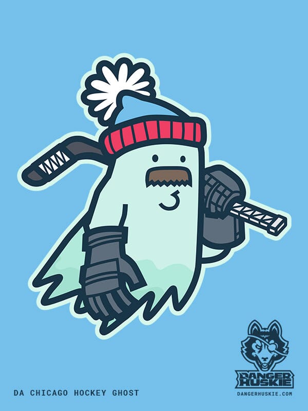 A friendly floating ghost holding a hockey stick that's taped up, and hockey gloves, all while keeping warm with a stocking cap!