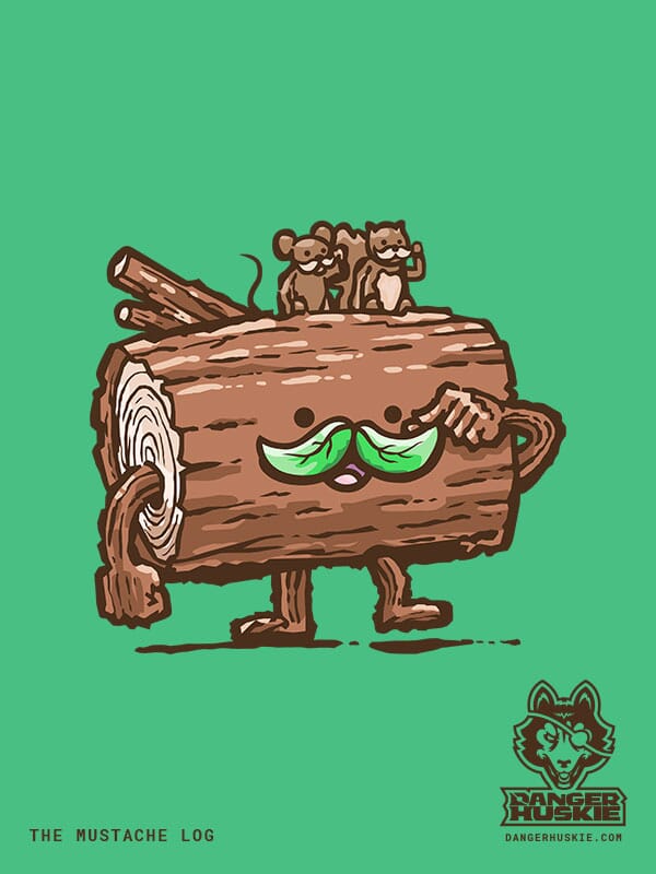 A friendly log twirls his leafy mustache as a couple of his forest friends rest on his back also twirling their sweet mustaches!