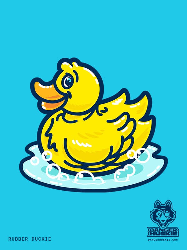 A cute rubber duckie is surrounded by bubbles.