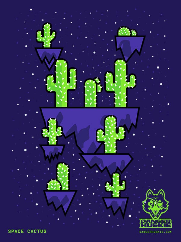 A group of round and pitchfork type cactus float on rocks in space with a starry background.
