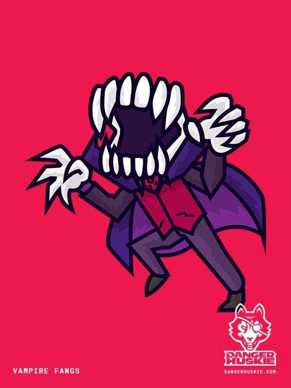 A giant set of pointy and menacing vampire fangs attached to a small body, wearing a cool cape, lunges at the viewer.