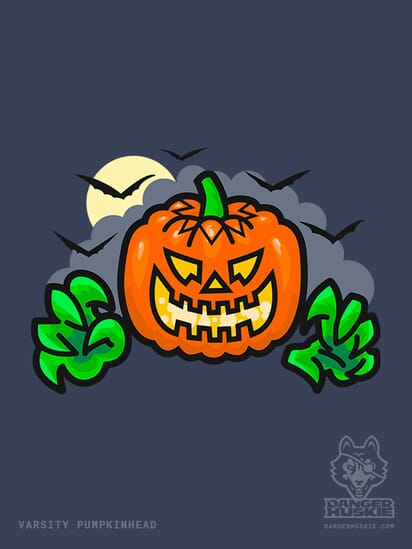 A floating Jack O'Lantern reaches out with a full moon, clouds, and bats in the background.