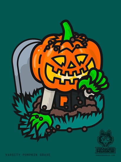 A man in a varsity jacket with a Jack O'Lantern digs out of his own grave!