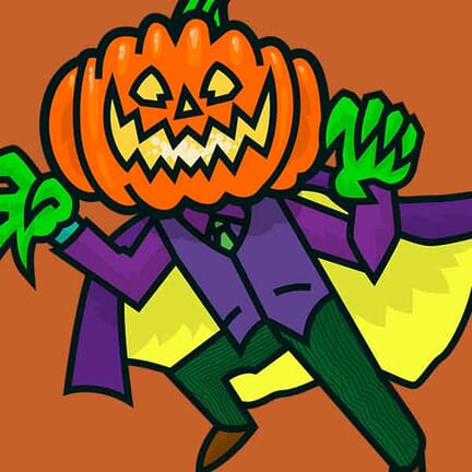 A spooky and sinister man with a Jack O'Lantern head lunges by in a three-piece suit and a dashing cape!
