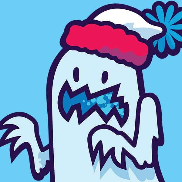 A spooky floating ghost looks creepy but comfy with a stocking cap