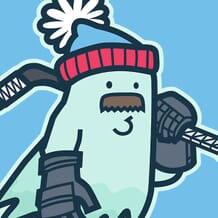 A friendly floating ghost holding a hockey stick that's taped up, and hockey gloves, all while keeping warm with a stocking cap!