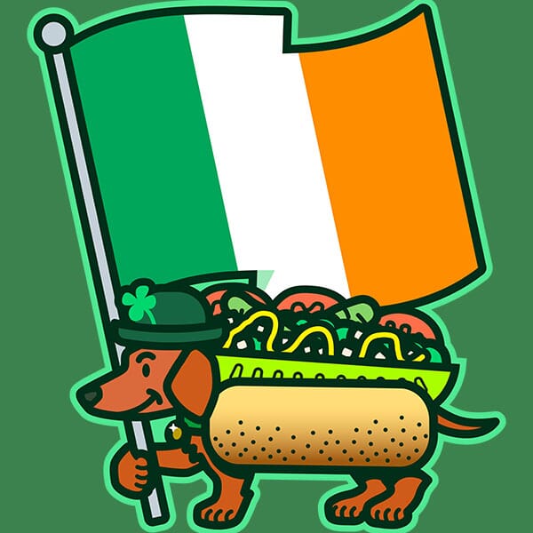 A little weiener dog dressed as a Chicago-style hot dog waves an oversized flag of Ireland for St. Patrick's Day!