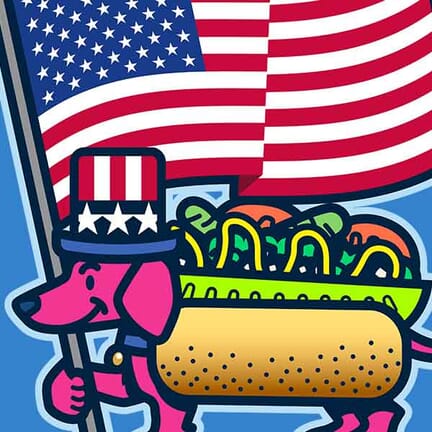 A Chicago-style hot dog is wearing a red white and blue top hat while carring a large waving American flag.