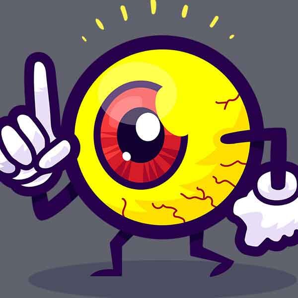 A yellow vector graphic eye with a red iris points upward to signal that it has just come up with an evil idea!