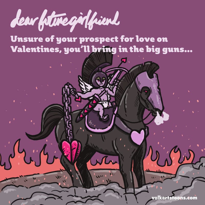 A hardcore Cupid rides a horse ready to spread love with a heart-shaped mace.