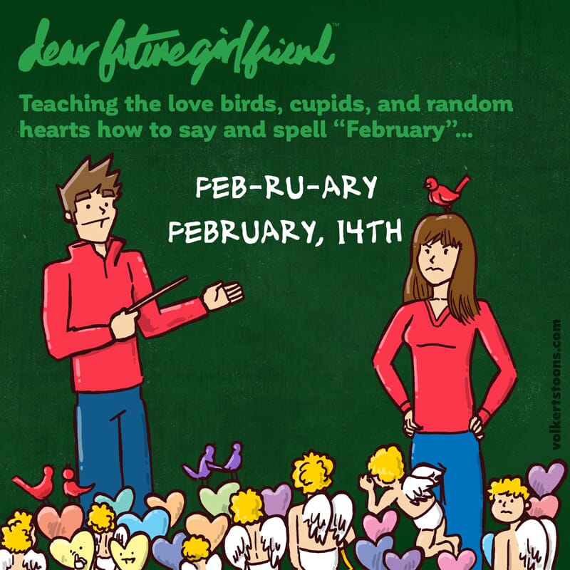A group of candy hearts, cupids and love birds learn how to say and spell February.