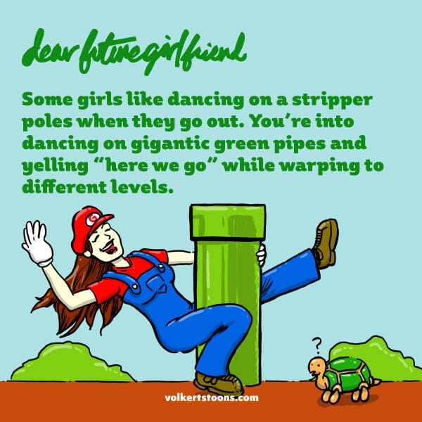 A woman dressed as Mario dances around a green pipe.