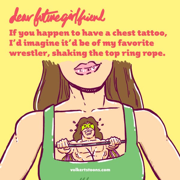 A woman shows off her pro wrestling inspired tattoo.